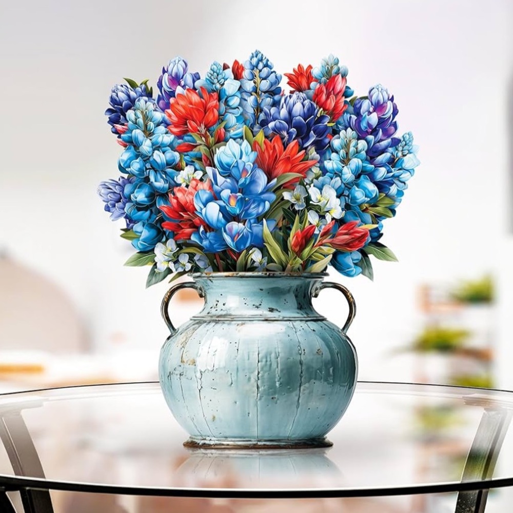 Paeone Bluebonnets 3D Pop-Up Flower Bouquet w. Note Card 12 inches Tall Paper